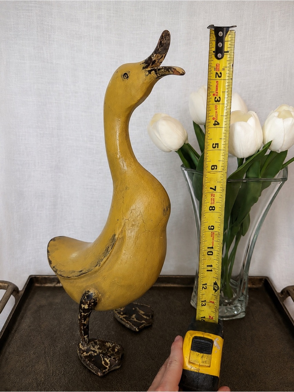 Vintage Yellow Distressed Wooden Duck Figurine